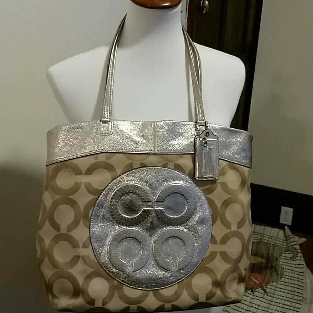 Coach Julia Op Art Perry Tan & Gold Jacquard Leath